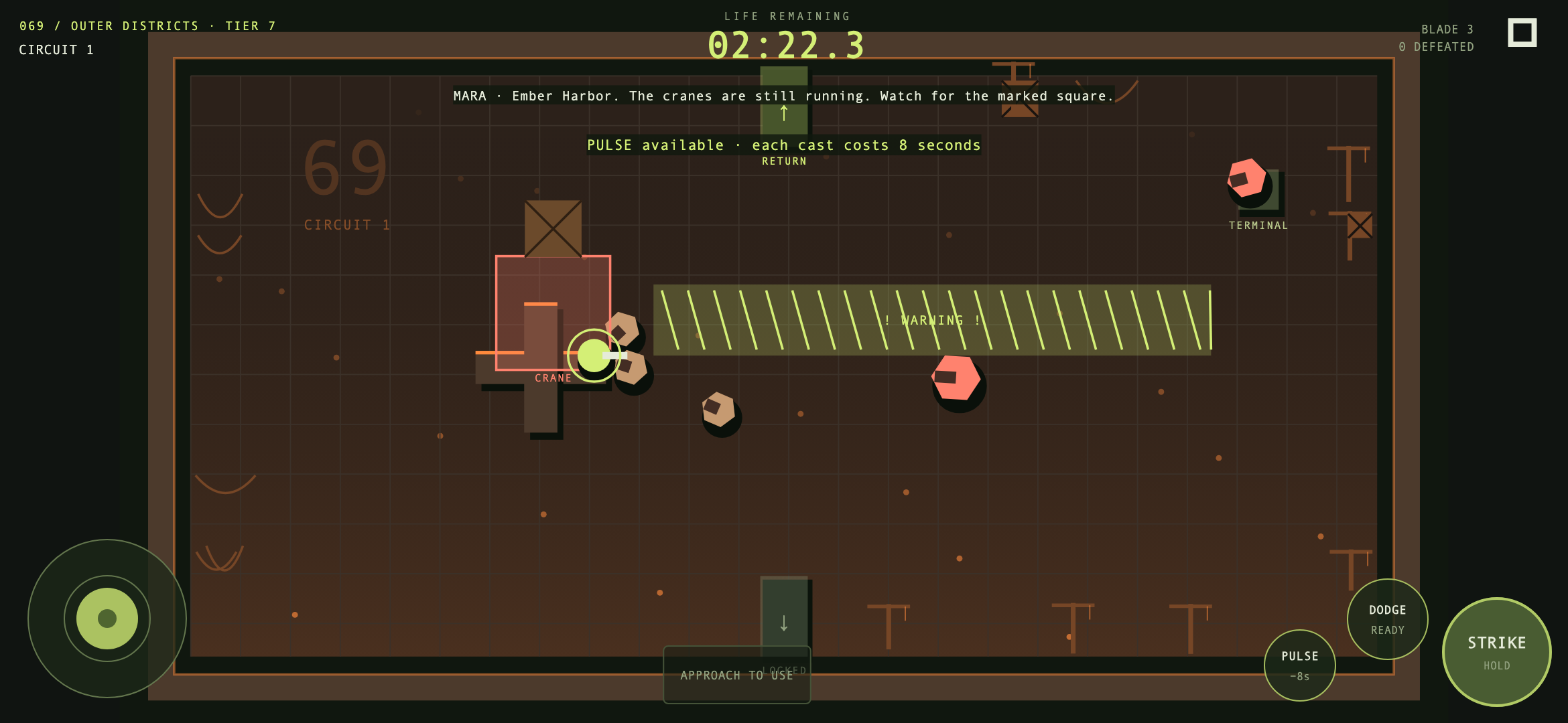 Ember Harbor: a crate falls toward a marked red square beside the player.
