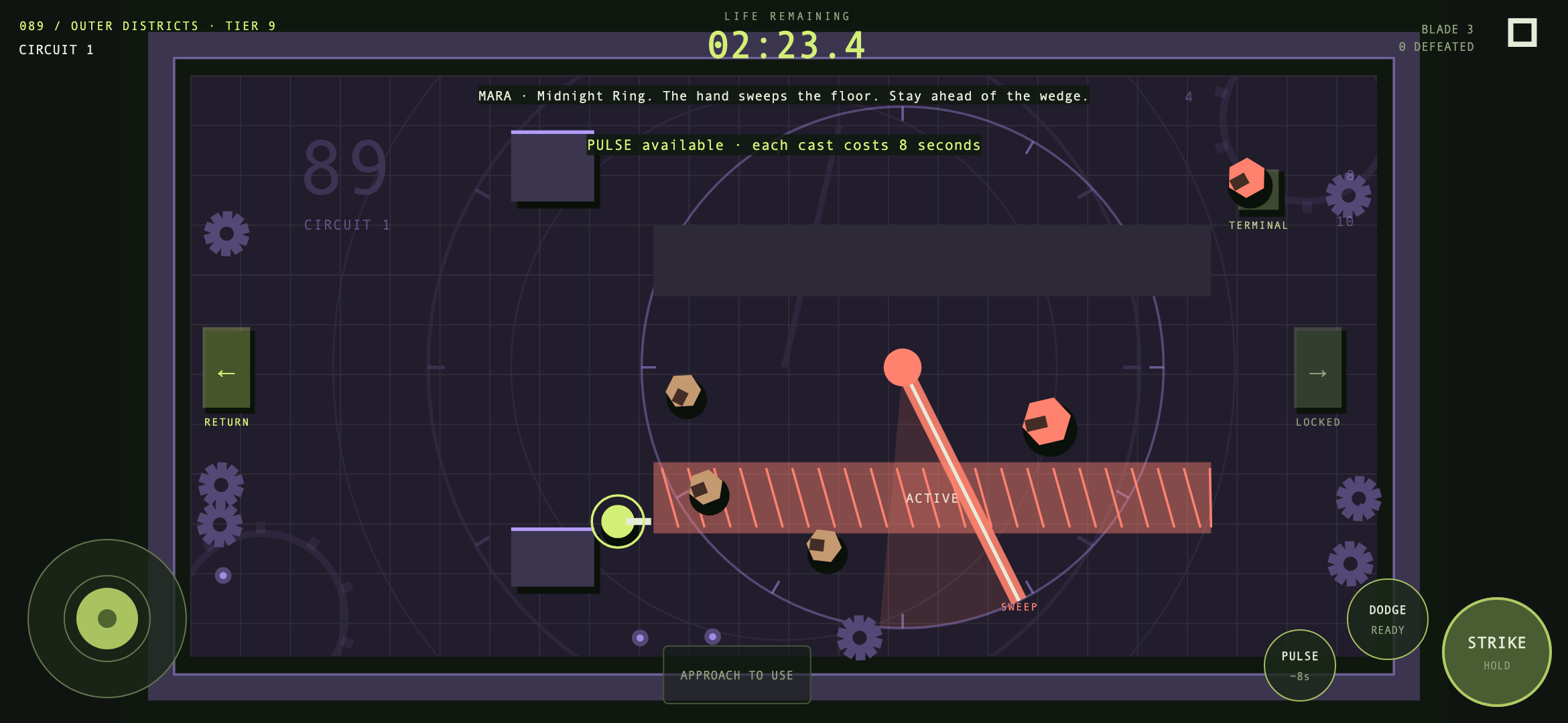 Midnight Ring: a red clock hand sweeps across a purple arena.