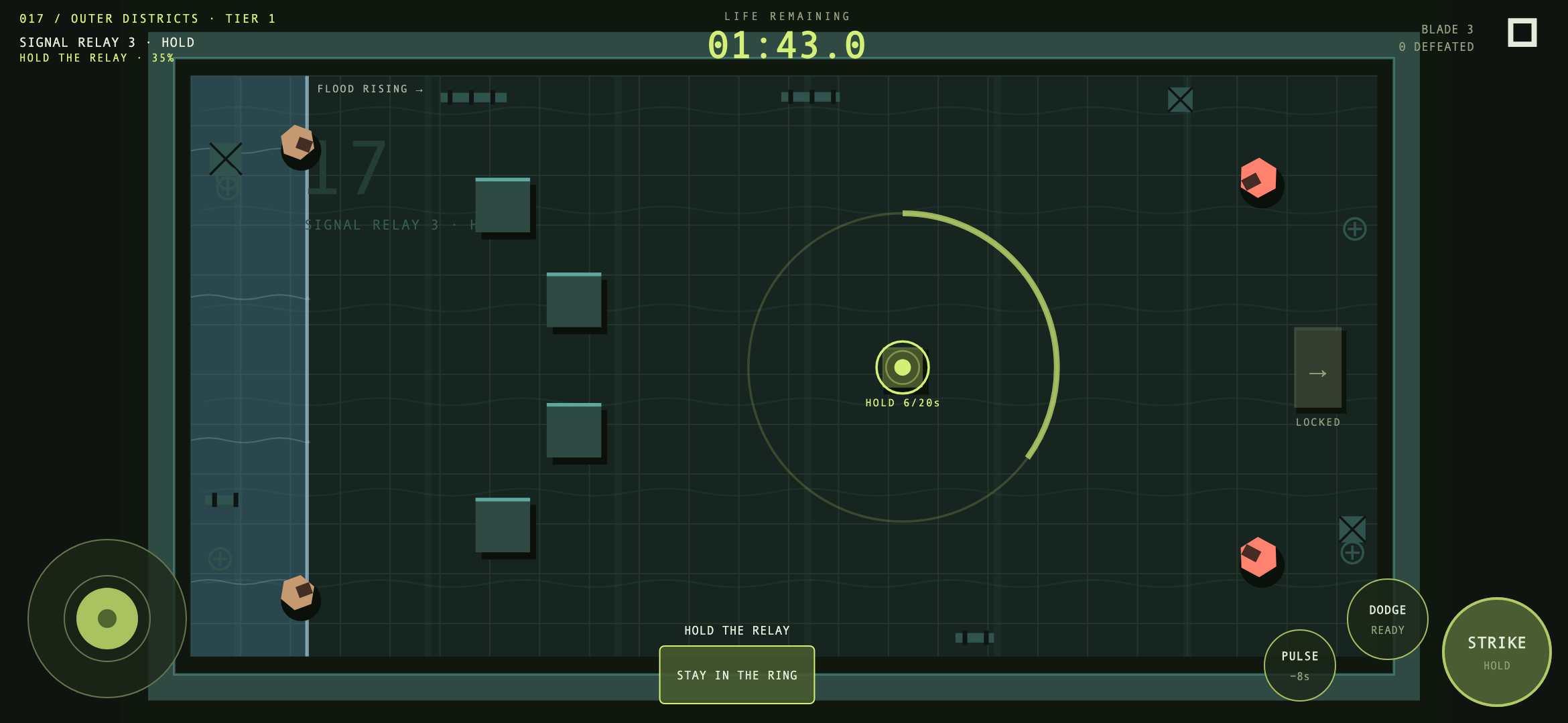 Signal siege: the player holds a relay inside a ring while a flood rises on the left.